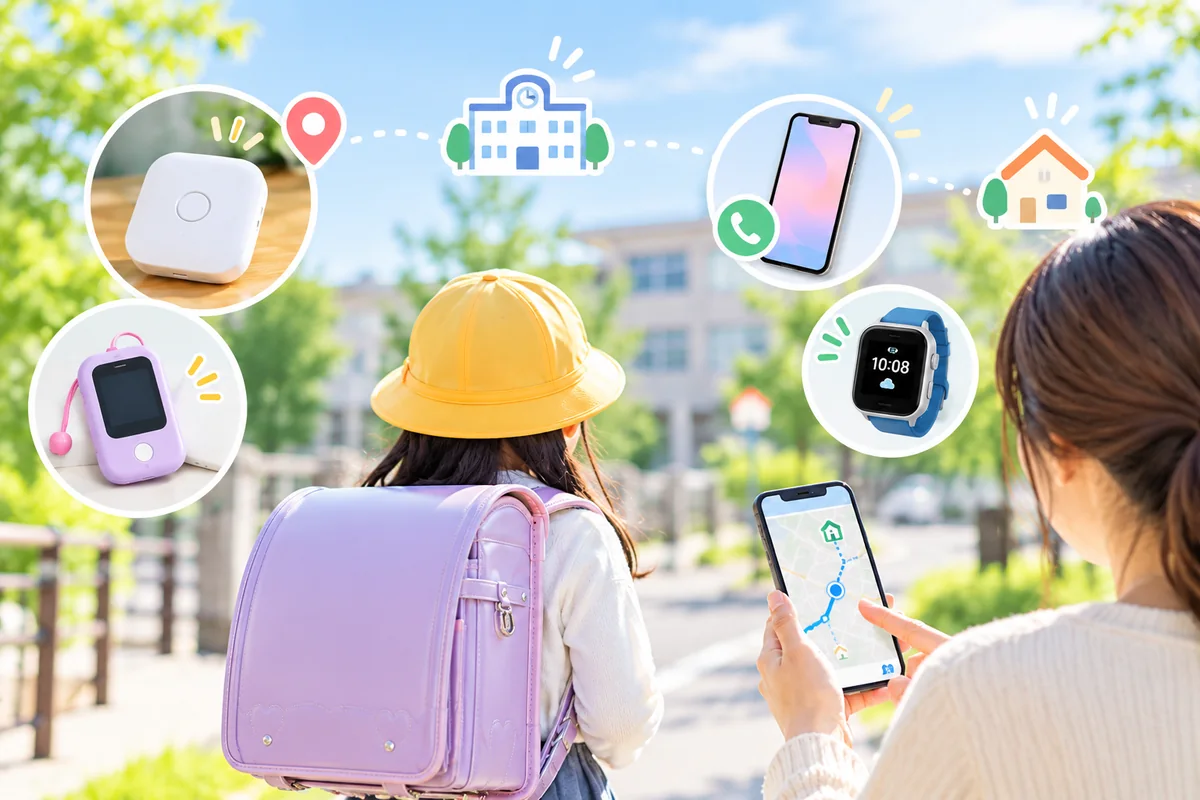 ランドセルを背負った小学生と、スマートフォンで見守る保護者